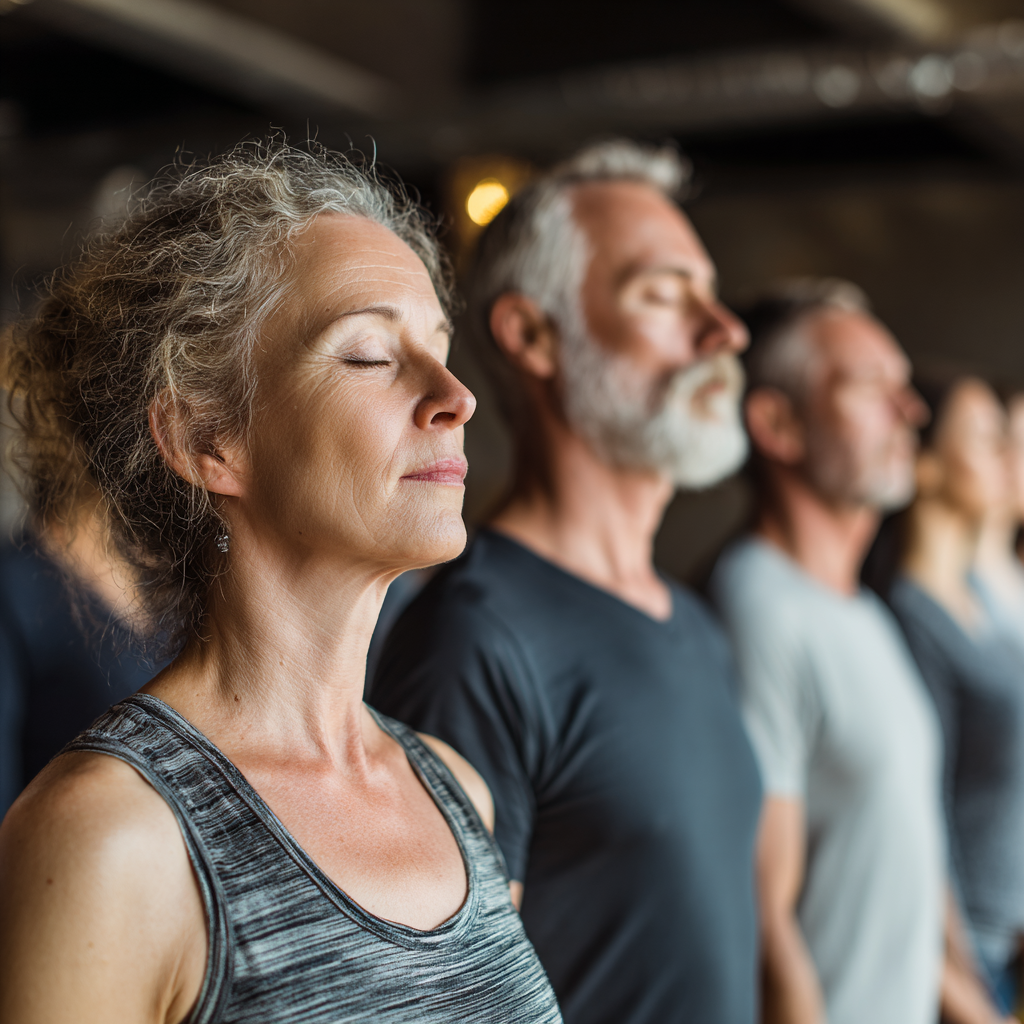 group of middle-aged people in yoga class feeling peaceful and content