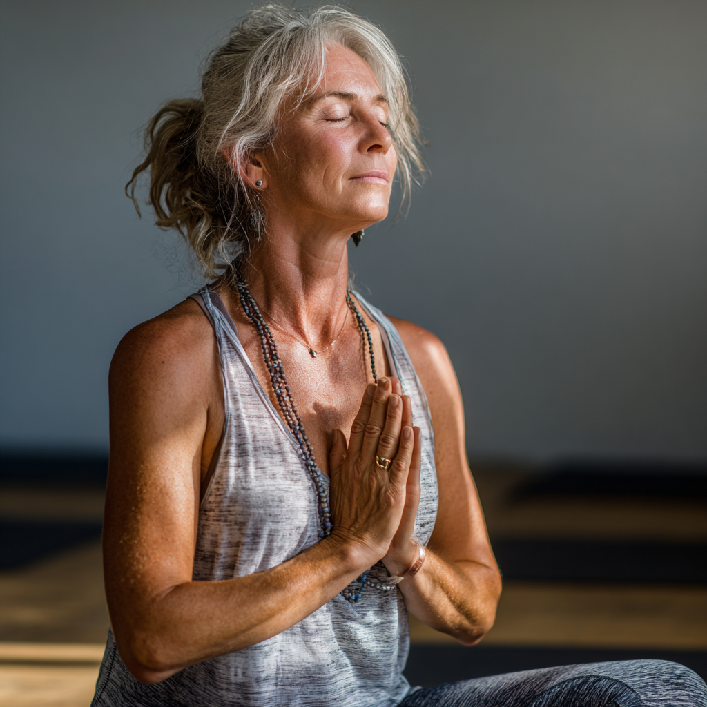 mature woman in comfortable pose during yoga class