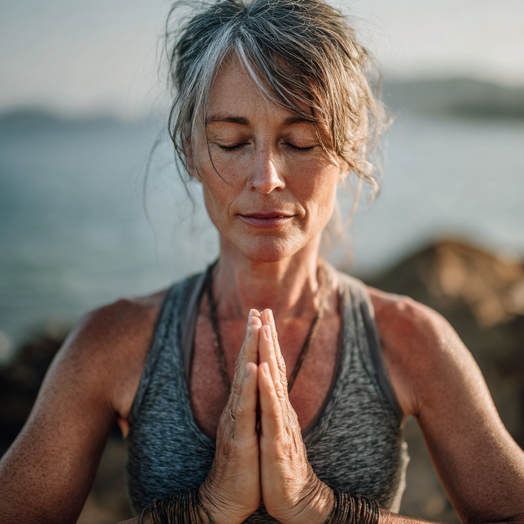peaceful woman in her fifties practicing yoga meditation pose